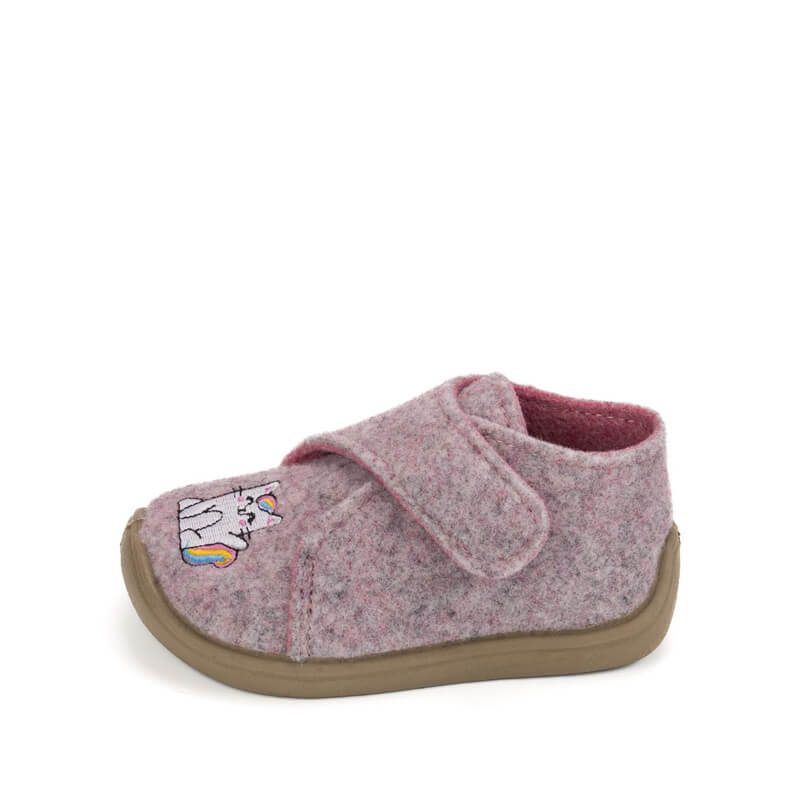 Bar3Foot Kids Woolly Slipper Elf Pascal - Pink, angled view showing outer side and motif