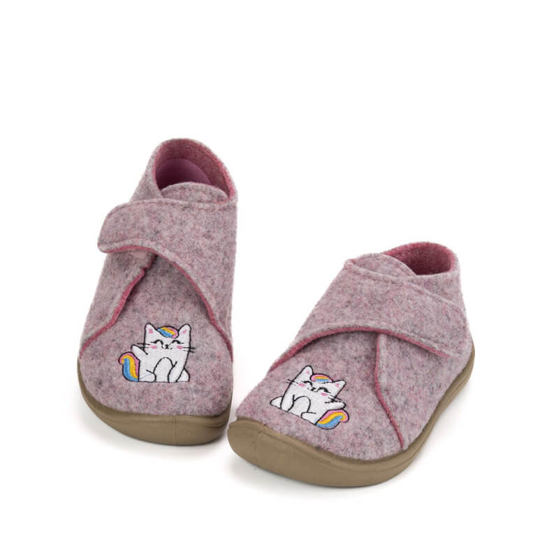 Pair Bar3Foot Kids Woolly Slippers Elf Pascal - Pink, angled view showing front view