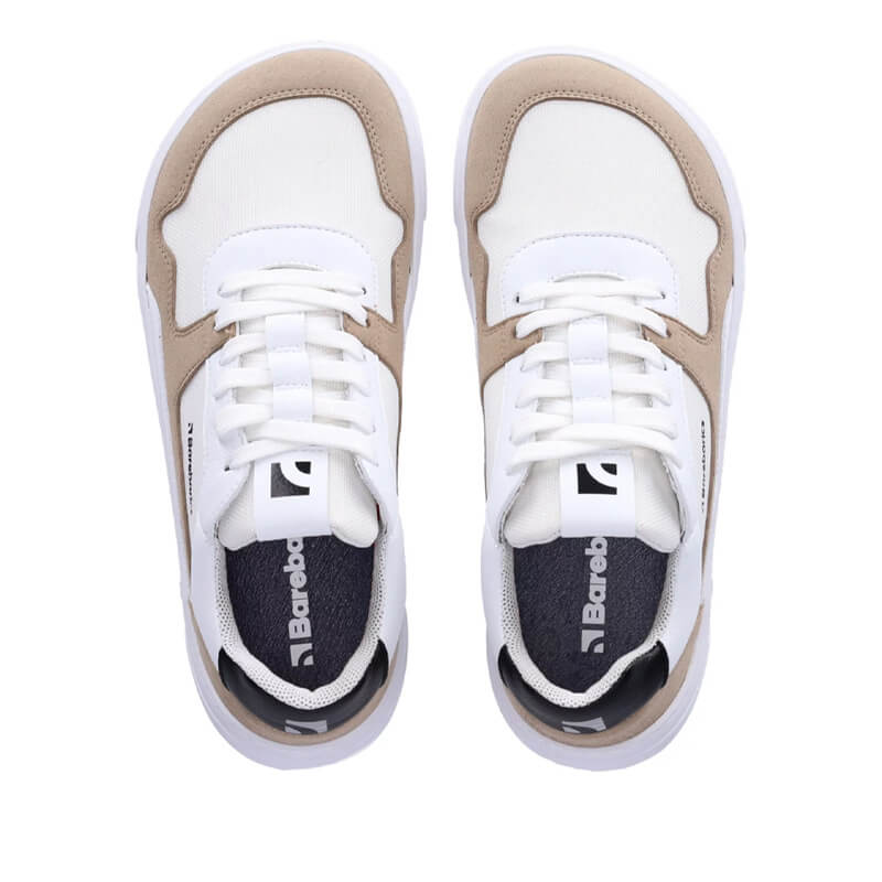 Pair of Be Lenka Adults Barebarics Vegan Trainers Zing - White and Beige, top view showing laces and toe box