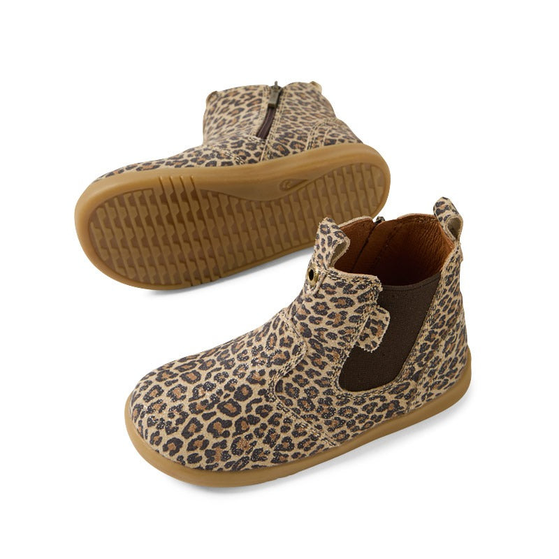Pair of Bobux i-Walk Jodhpur Boots - Leopard Shimmer, top, inner and outer side and sole view