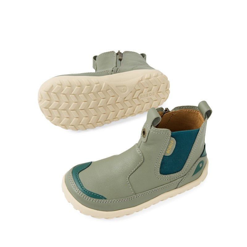 Pair of Bobux Alpha Trail Boots - Vetiver, top, inner and outer side and sole view