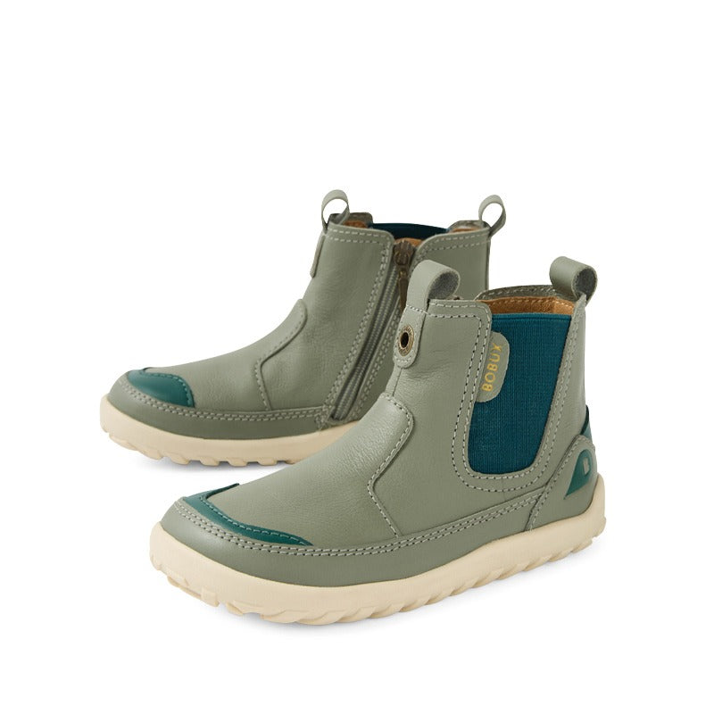Pair of Bobux Alpha Trail Boots - Vetiver, angled inner and outer side view showing zip