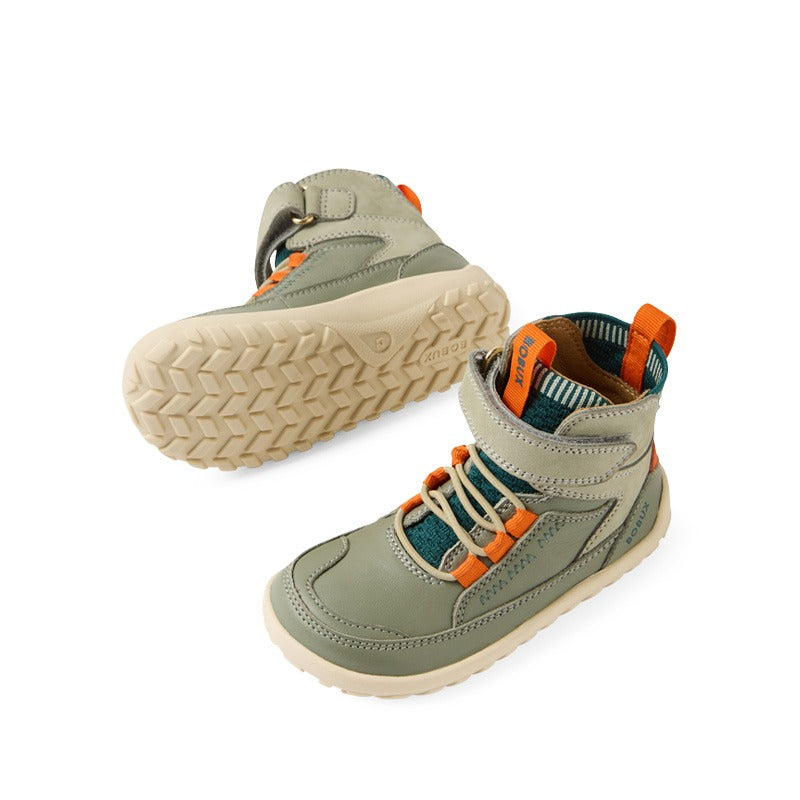 Pair of Bobux Alpha Amble Boots - Vetiver Abbey Stone, outer side and sole view