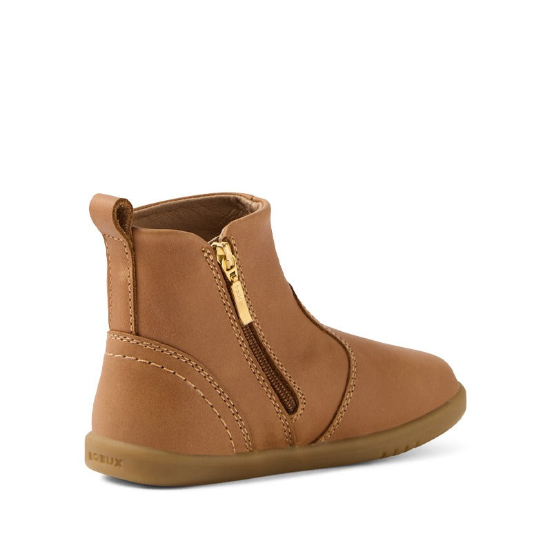 Bobux i-Walk Bea Boot - Caramel, angled inner side view showing zip and rear