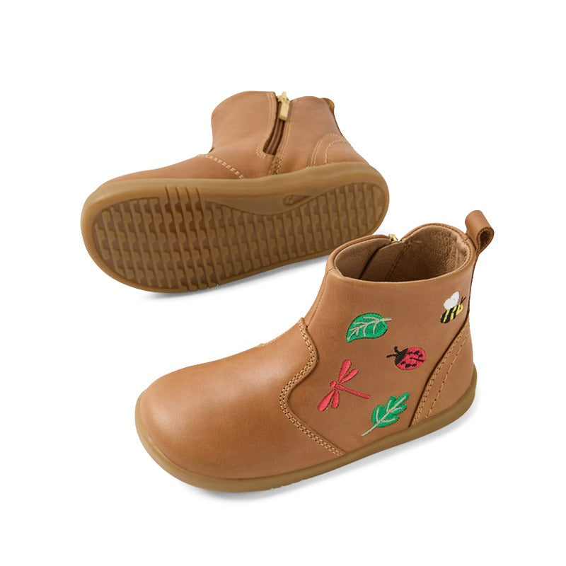 Pair of Bobux i-Walk Bea Boots - Caramel, top, inner and outer side and sole view