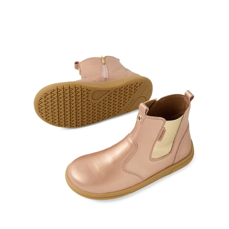 Pair of Bobux Kid+ Jodhpur II Boots - Rose Gold, top, inner and outer side and sole view