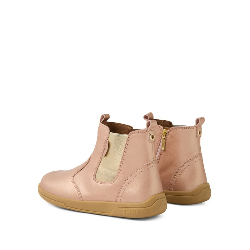 Pair of Bobux Kid+ Jodhpur II Boots - Rose Gold, angled outer side and rear view
