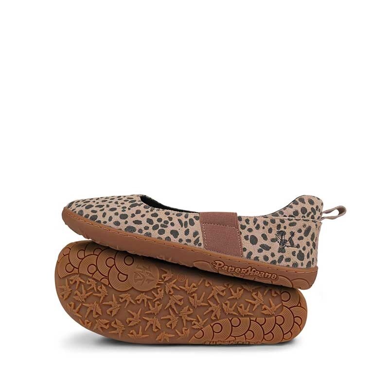 Pair of PaperKrane Kids Mary Jane Shoes - Cheetah, one showing the outer side, the other on it's side showing the sole.