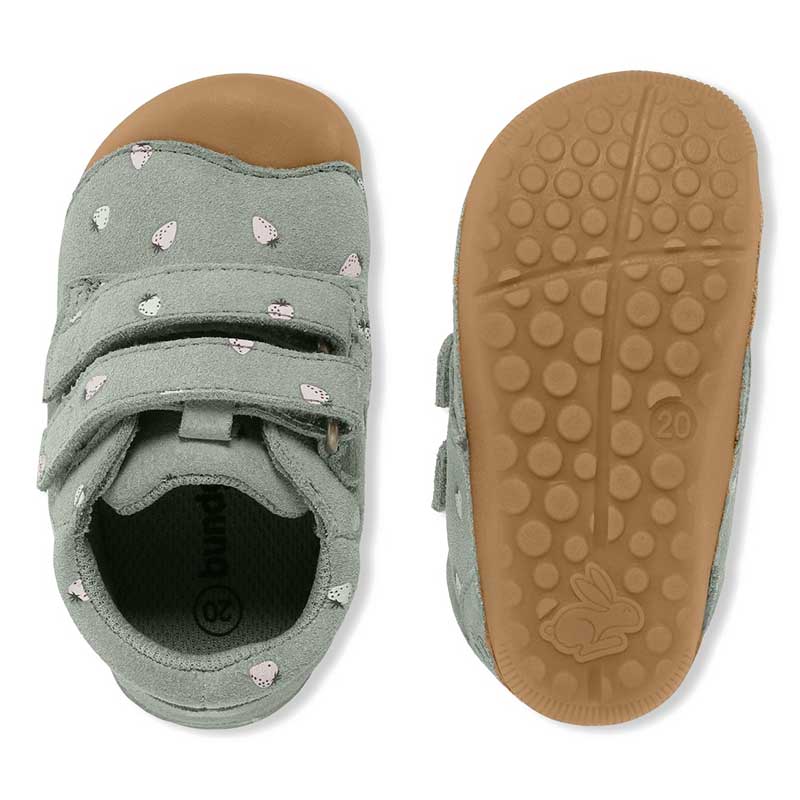 Pair of Bundgaard First Walker Shoes Petit Low - Strawberries, top and sole view