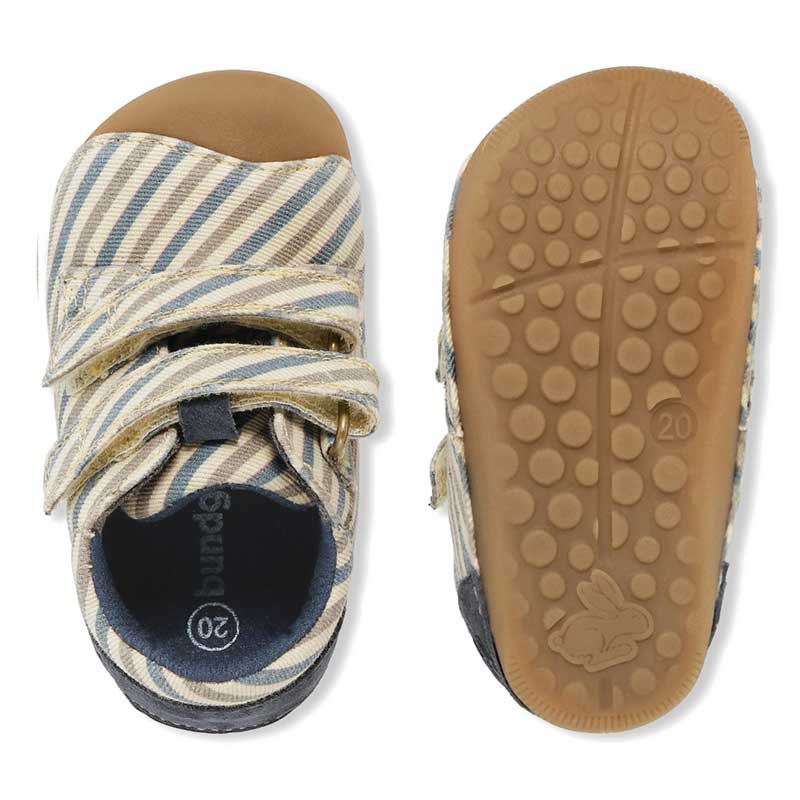 Pair of Bundgaard First Walker Shoes Petit Low - Oceanic Stripe, top and sole view