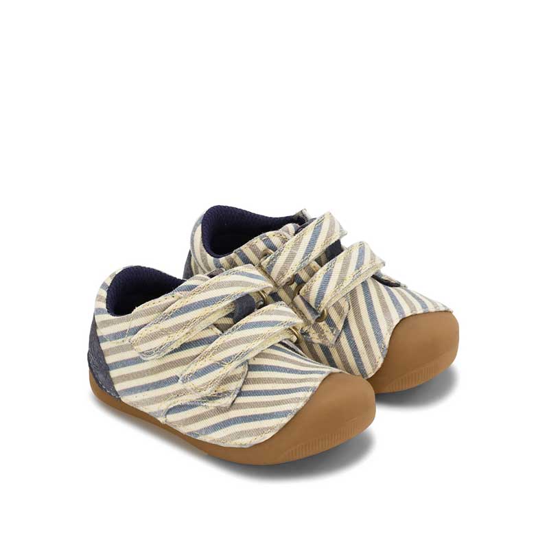 Pair of Bundgaard First Walker Shoes Petit Low - Oceanic Stripe, angled outer side view