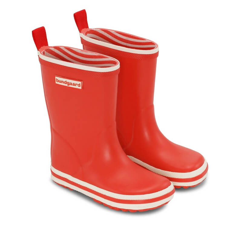 Pair of Bundgaard Kids Wellies Classic Charly High 2 - Red, angled outer side and front view