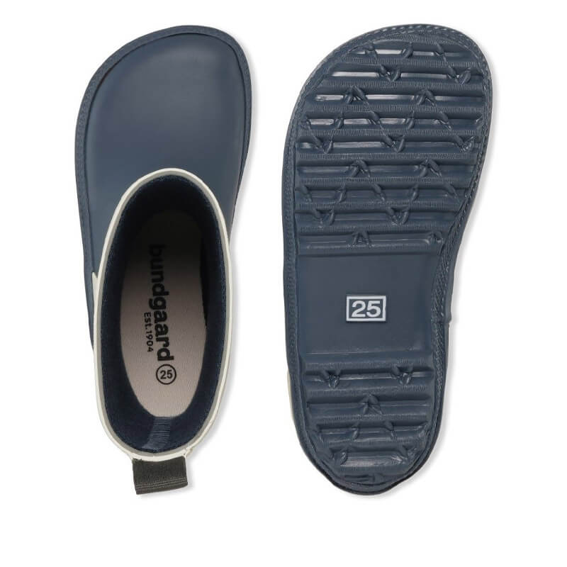 Pair of Bundgaard Kids Wellies Classic Charly High 2 - Navy and Green, top and sole view