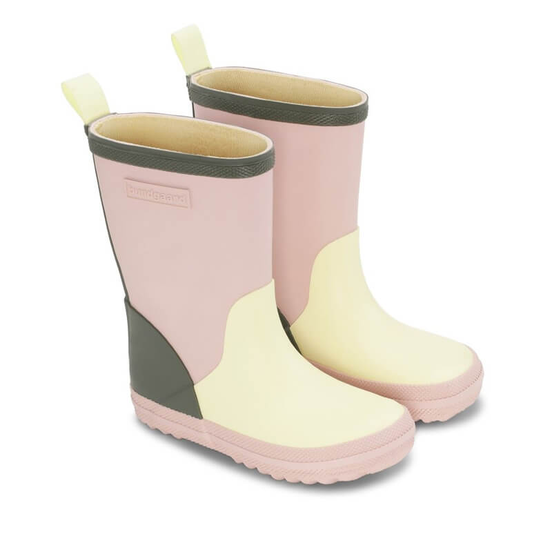 Pair of Bundgaard Kids Wellies Classic Charly High 2 - Lemon and Pink, angled outer side and front view