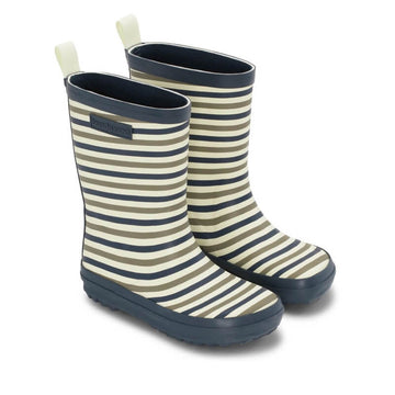 Pair of Bundgaard Kids Wellies Classic Charly High 2 - Oceanic Stripe, angled outer side and front view