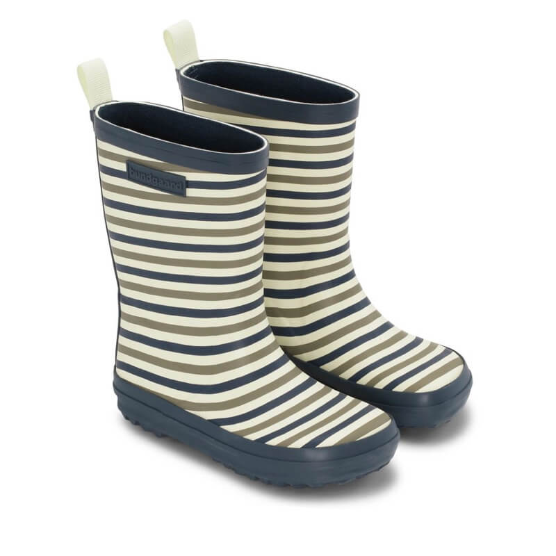Pair of Bundgaard Kids Wellies Classic Charly High 2 - Oceanic Stripe, angled outer side and front view