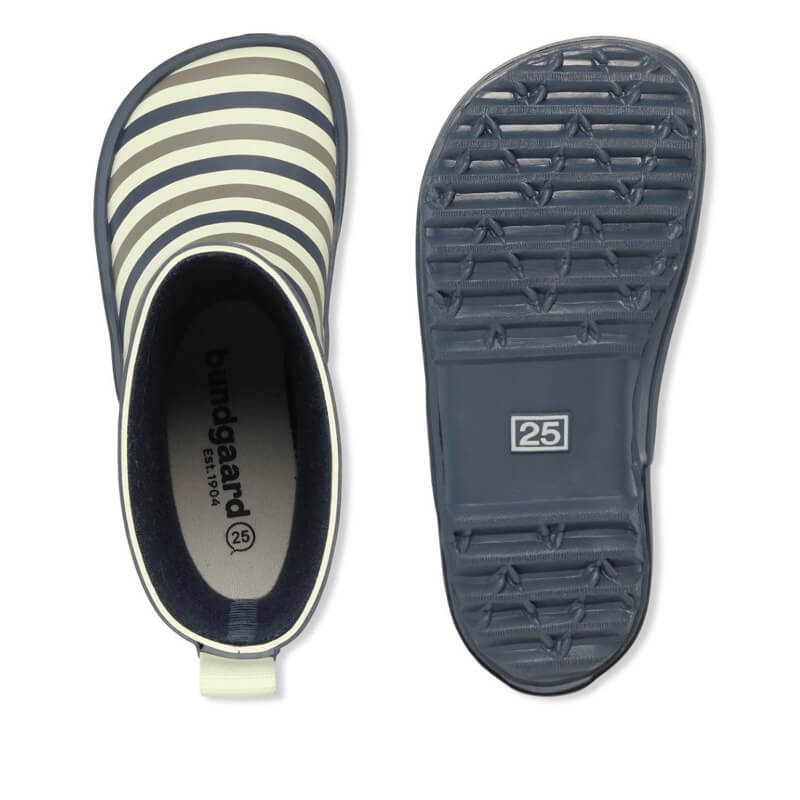 Pari of Bundgaard Kids Wellies Classic Charly High 2 - Oceanic Stripe, top and sole view