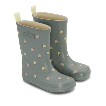 Pair of Bundgaard Kids Wellies Classic Charly High 2 - Strawberries, angled outer side and front view