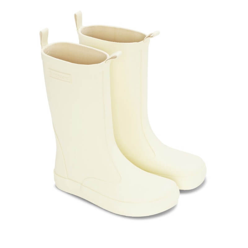 Pair of Bundgaard Kids Wellies Atlas - Lemon Yellow, angled outer side and front view