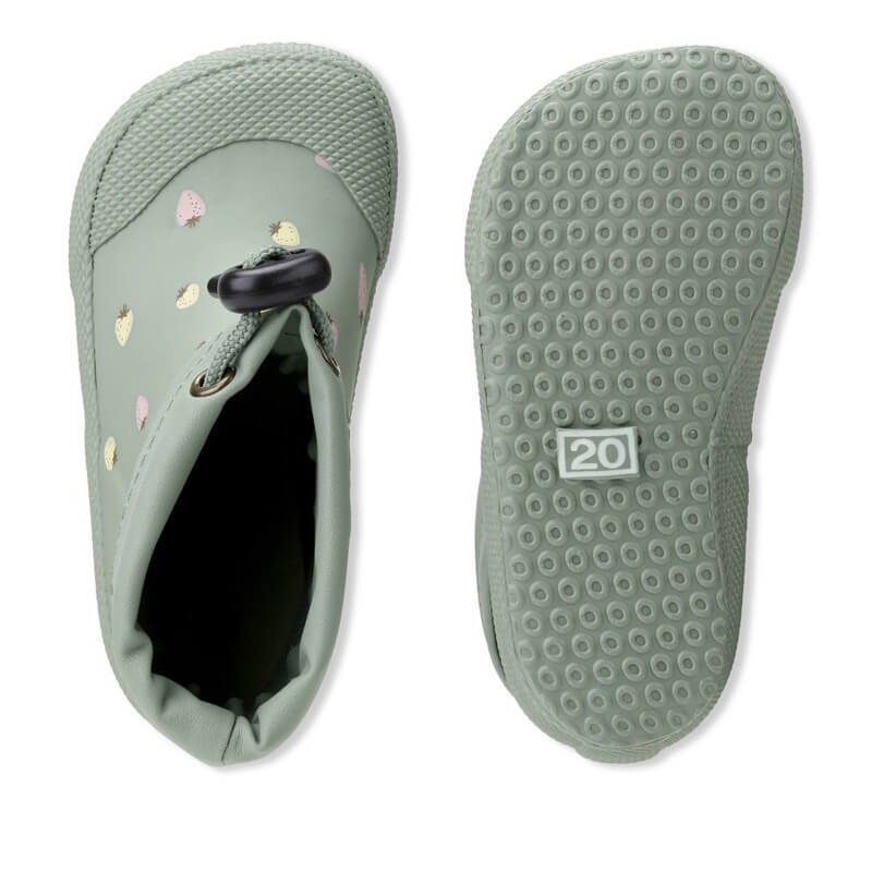 Pair of Bundgaard Toddler Wellies Cover - Strawberries, top and sole view.