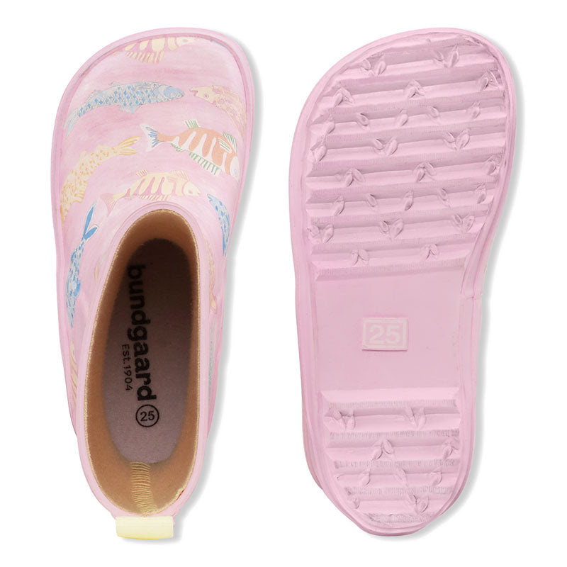 Pair of Bundgaard Kids Wellies Classic Charly High 2 - Fish Pond Coral, top and sole view