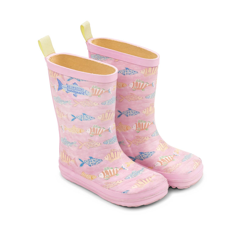Pair of Bundgaard Kids Wellies Classic Charly High 2 - Fish Pond Coral, angled outer side and front view