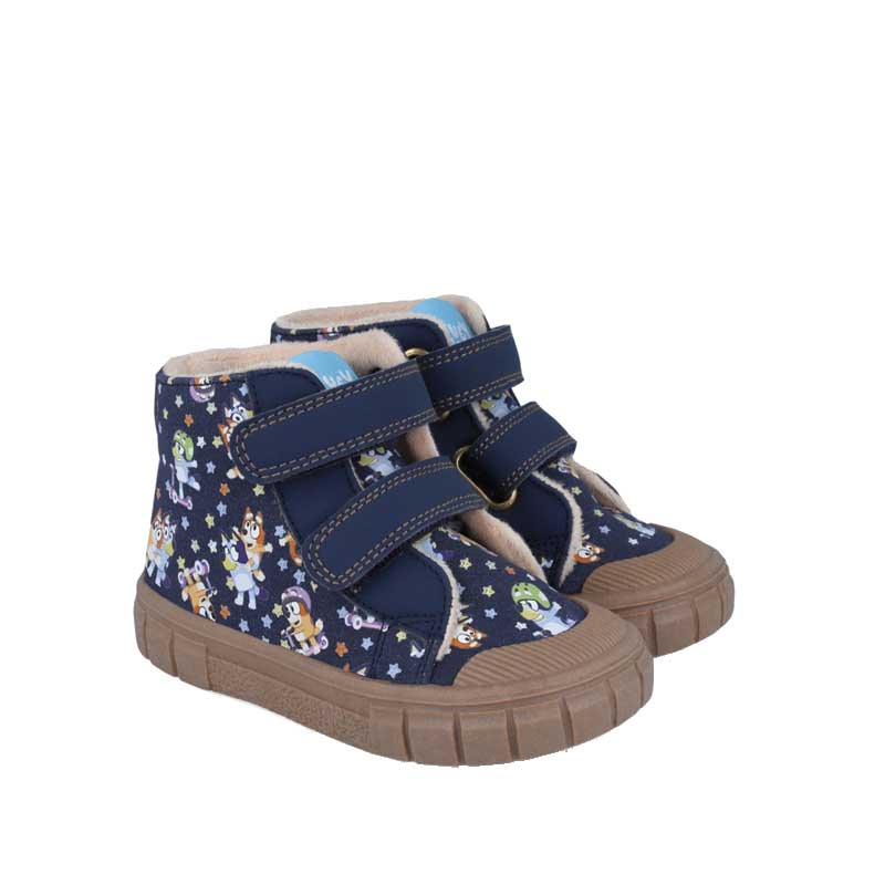 Pair of Garvalin x Bluey Barefoot Boot - in navy, angled view showing outer side and front.