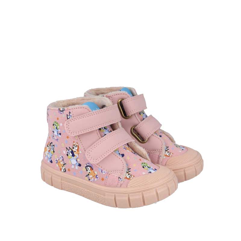 Pair of Garvalin x Bluey Barefoot Boots in pink, angled view showing outer side and front.