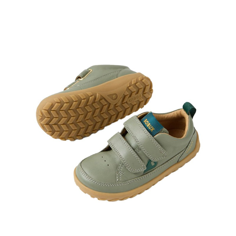 Pair of Bobux Alpha Kids Shoes Dawn - Vetiver, top, outer and inner side and sole view