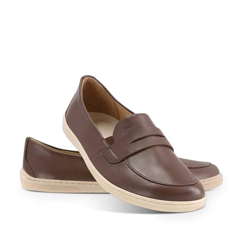 Pair of Be Lenka Women's Moccasins Buena - Dark Brown and Beige, one angled and leaning showing the outer side, the other partially showing the inner side