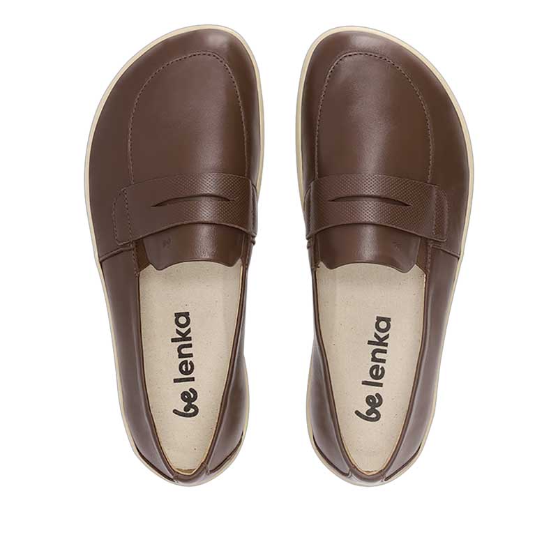 Pair of Be Lenka Women's Moccasins Buena - Dark Brown and Beige, top view showing toe box