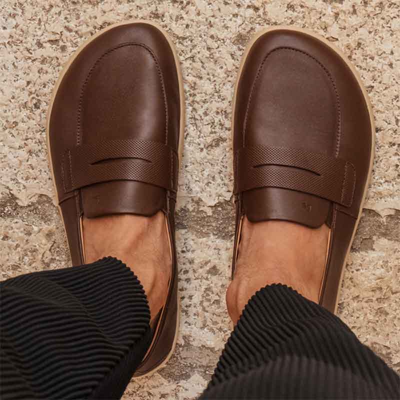 Person wearing Be Lenka Women's Moccasins Buena - Dark Brown and Beige, top view