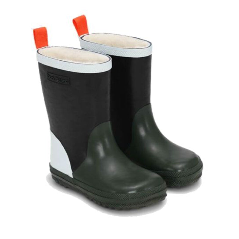 Pair of Bundgaard Kids Wellies Classic Charly High Winter - Navy/Army/Pistachio, angled view showing outer side and front.
