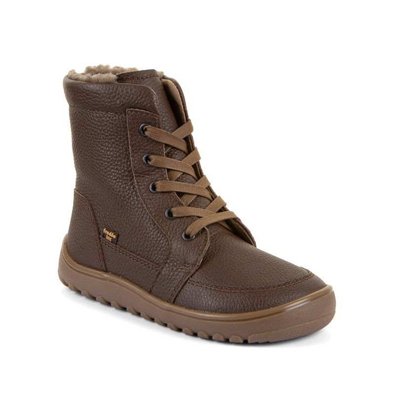 Froddo Barefoot Waterproof Up Core Boot - Brown, angled view showing outer side and front.