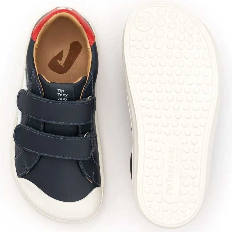 Pair of Tip Toey Joey Kids Trainers Hopper - Navy, one showing the top view and the other showing the sole vew.