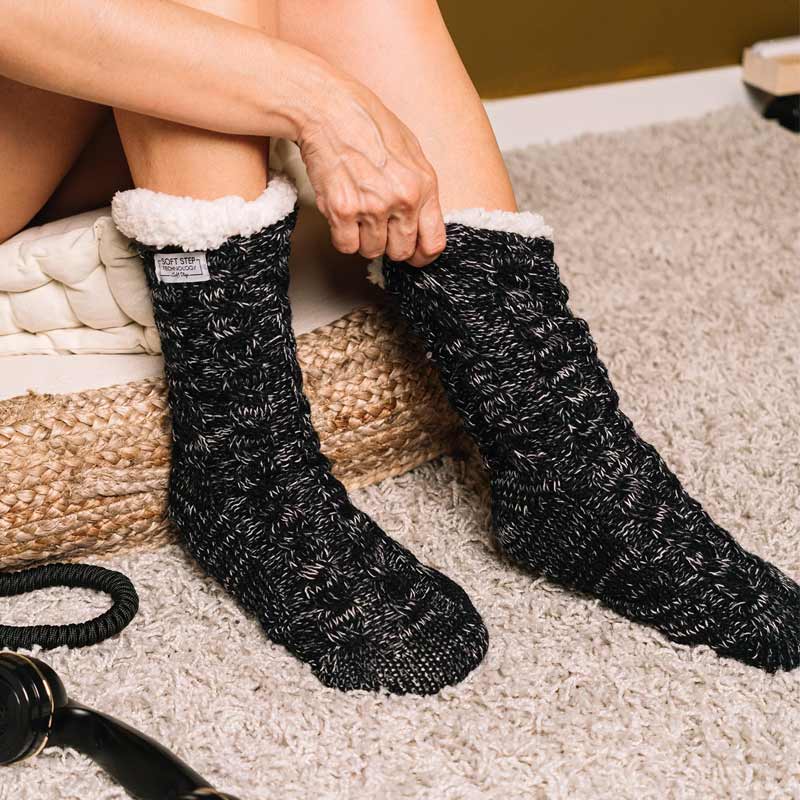 Cozy Sole Women's Slipper Socks - Cable Knit Black