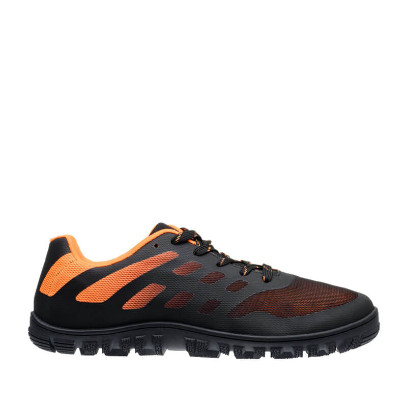 Freet Adults Trail Shoe Calver - Black and Orange, outer side view.