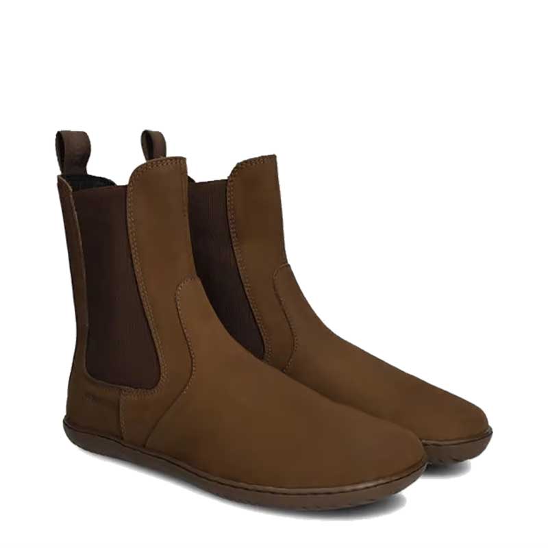Groundies Women’s Chelsea Camden Boots in chocolate, angled view showing outer side and front view.