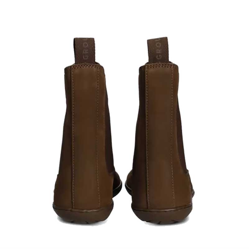 Pair of Groundies Women’s Chelsea Camden Boots in chocolate, rear view.