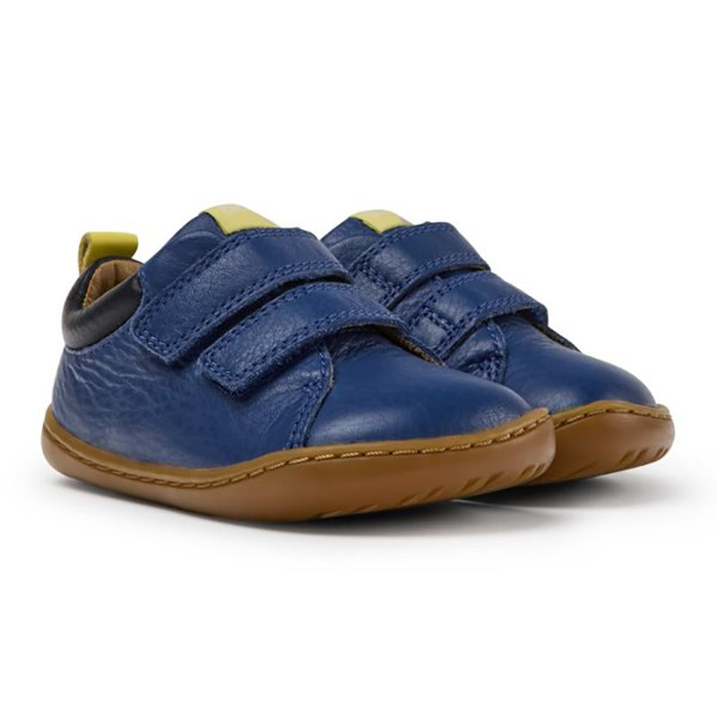 Pair of Camper Kids First Peu Shoes - Blue, angled side view showing outer side and front.