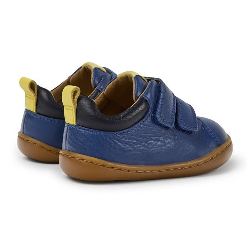 Pair of Camper Kids First Peu Shoes - Blue, angled side view showing outer side and rear.