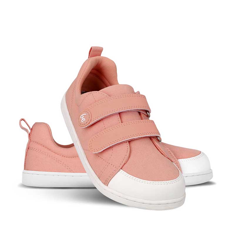 Pair of Be Lenka Kids Trainers Canvi - Coral, one angled and leaning showing the outer side, the other partially showing the inner side