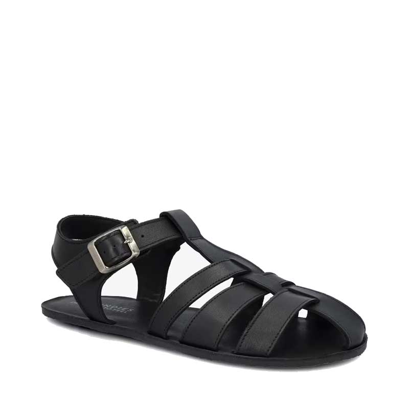 Groundies Adults Catania Sandals in black, angled view showing outer side.