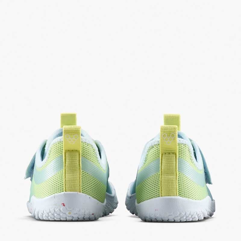 Pair of Vivobarefoot Kids Trainers Primus Sport IV - Skyway, rear view.