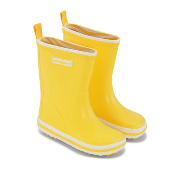 Pair of Bundgaard Kids Wellies Classic Charly High 2 in yellow, angled view showing outer side and front.