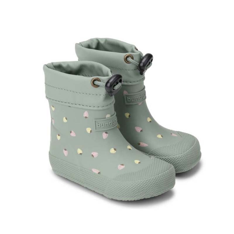 Pair of Bundgaard Toddler Wellies Cover - Strawberries, angled view showing outer side and front.