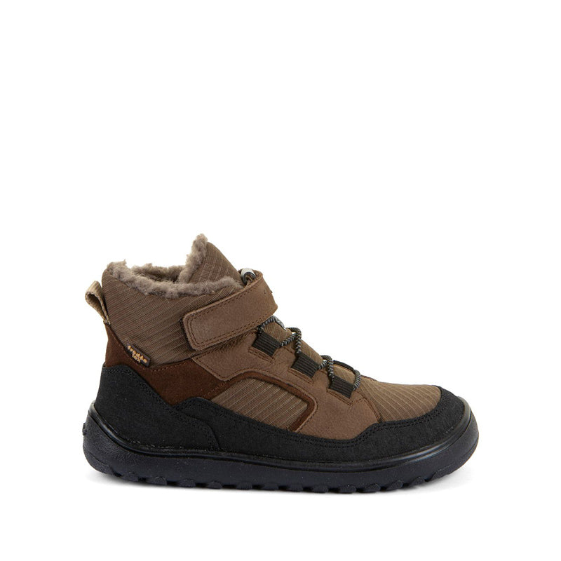 Froddo Kids Barefoot Waterproof Up Path Boot - Brown, outer side view.