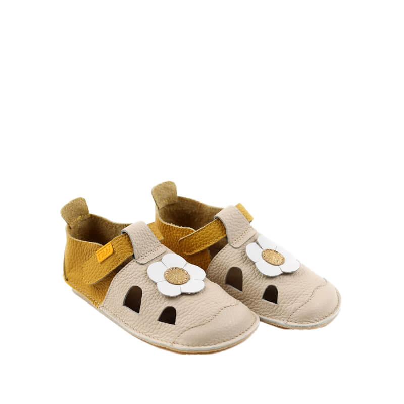 Pair of Tikki Kids Nido Sandals - Daisy, angled view showing outer side and front.