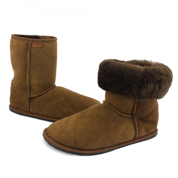 Pair of Zeazoo Women's Boots Dingo - Brown, both facing towards each other, angled view showing outer side and front and one with top rolled down.