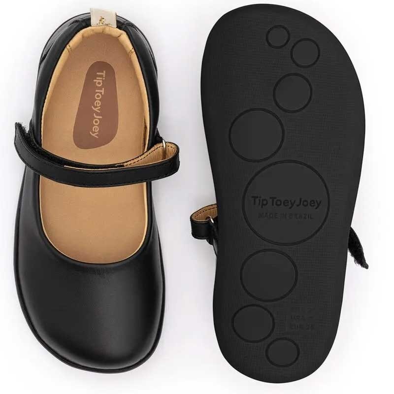 Pair of Tip Toey Joey Kids School Shoes Catch - Black, one showing the top view and the other showing the sole view.
